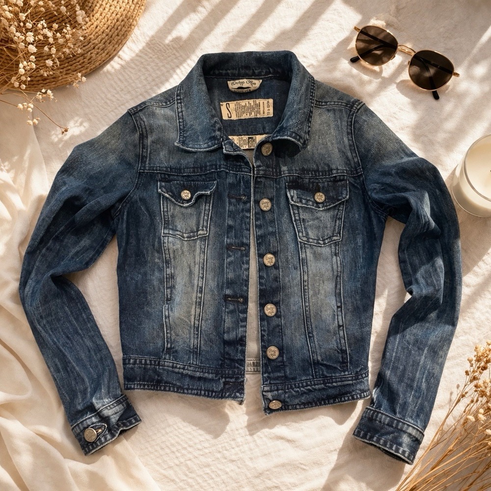 Indigo Rein Blue Denim Jacket Women Sz S Fitted Cropped Distressed Stretch Y2K